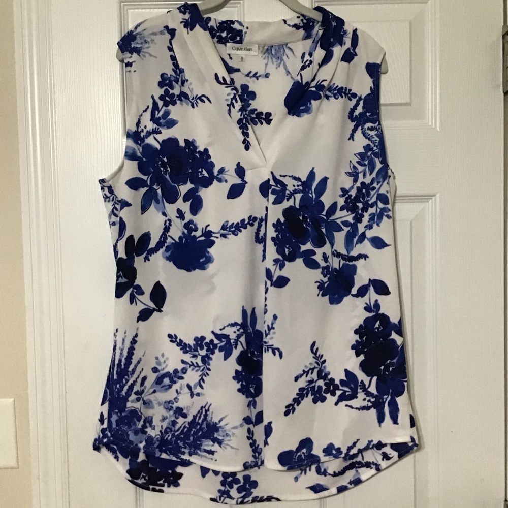 Calvin Klein white and blue floral sleeveless top